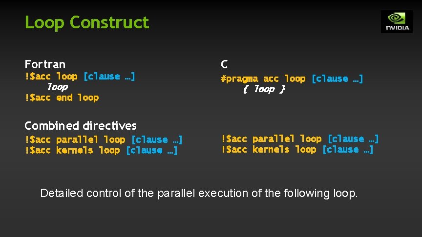 Loop Construct Fortran C !$acc loop [clause …] #pragma acc loop [clause …] loop