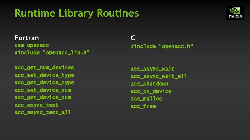 Runtime Library Routines Fortran C use openacc #include "openacc_lib. h" #include "openacc. h" acc_get_num_devices Runtime Library Routines Fortran C use openacc #include "openacc_lib. h" #include "openacc. h" acc_get_num_devices