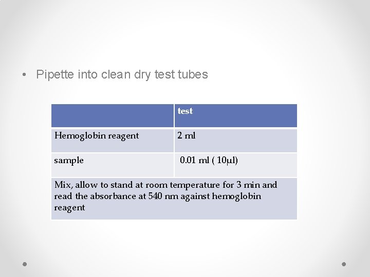  • Pipette into clean dry test tubes test Hemoglobin reagent 2 ml sample