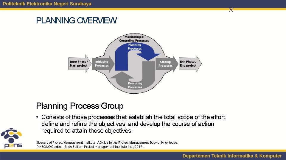 70 PLANNING OVERVIEW Planning Process Group • Consists of those processes that establish the