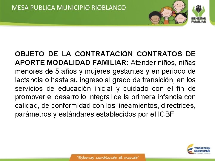 MESA PUBLICA MUNICIPIO RIOBLANCO OBJETO DE LA CONTRATACION CONTRATOS DE APORTE MODALIDAD FAMILIAR: Atender