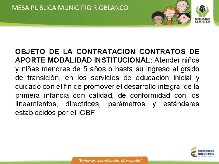 MESA PUBLICA MUNICIPIO RIOBLANCO OBJETO DE LA CONTRATACION CONTRATOS DE APORTE MODALIDAD INSTITUCIONAL: Atender