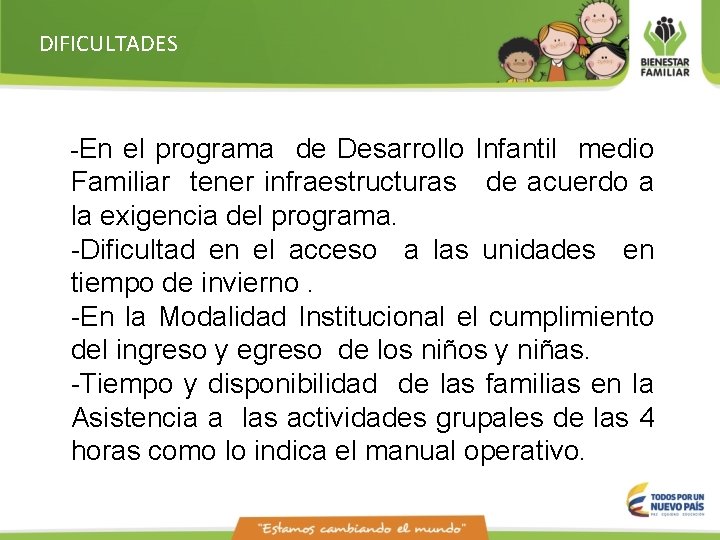 DIFICULTADES -En el programa de Desarrollo Infantil medio Familiar tener infraestructuras de acuerdo a