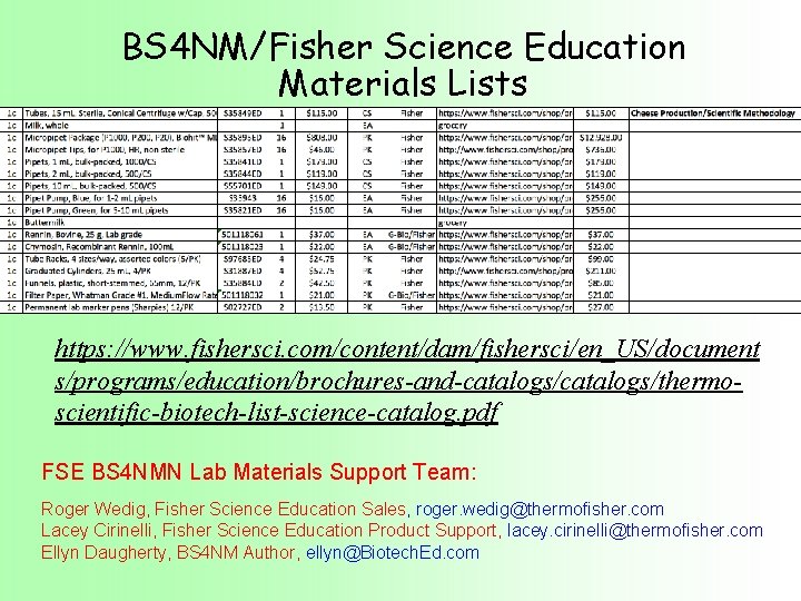 BS 4 NM/Fisher Science Education Materials Lists https: //www. fishersci. com/content/dam/fishersci/en_US/document s/programs/education/brochures-and-catalogs/thermoscientific-biotech-list-science-catalog. pdf FSE