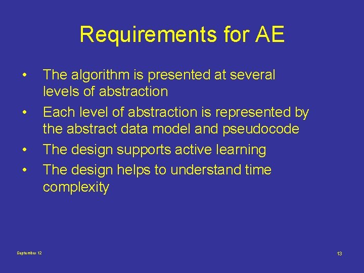Requirements for AE • • September 12 The algorithm is presented at several levels