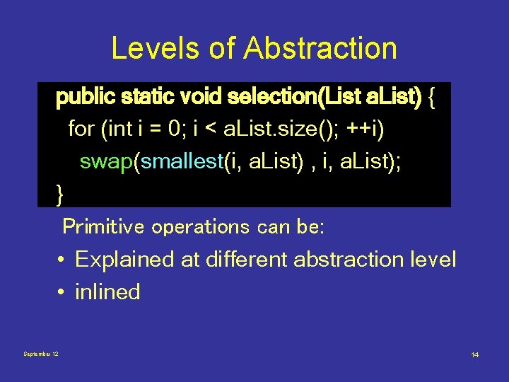 Levels of Abstraction public static void selection(List a. List) { for (int i =