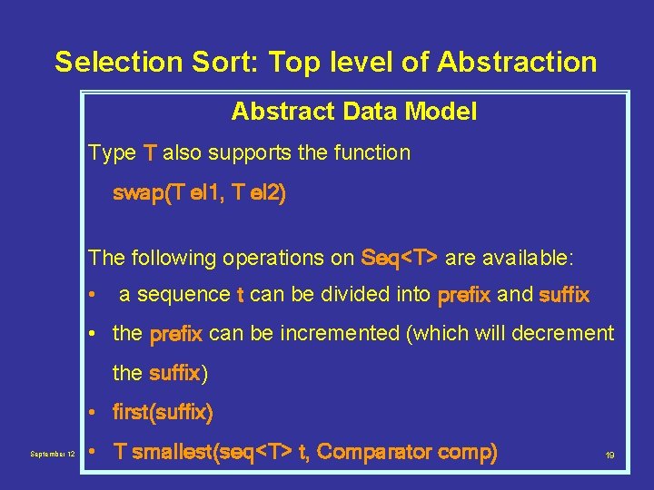 Selection Sort: Top level of Abstraction Abstract Data Model Type T also supports the