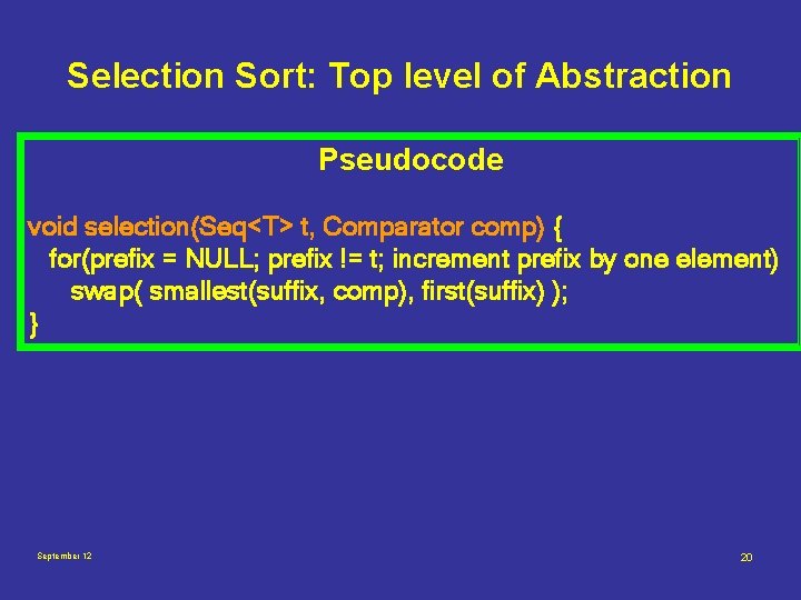 Selection Sort: Top level of Abstraction Pseudocode void selection(Seq<T> t, Comparator comp) { for(prefix