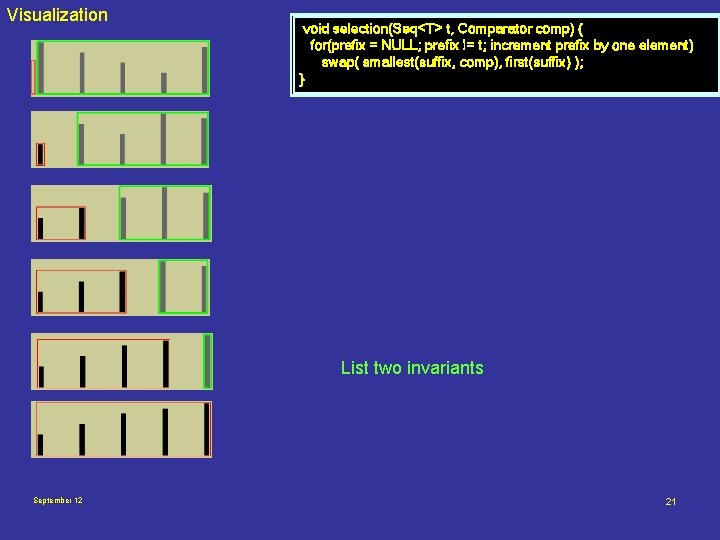 Visualization void selection(Seq<T> t, Comparator comp) { for(prefix = NULL; prefix != t; increment