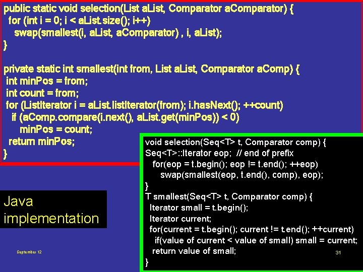 public static void selection(List a. List, Comparator a. Comparator) { for (int i =