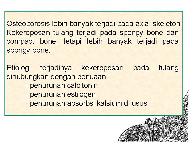 Osteoporosis lebih banyak terjadi pada axial skeleton. Kekeroposan tulang terjadi pada spongy bone dan