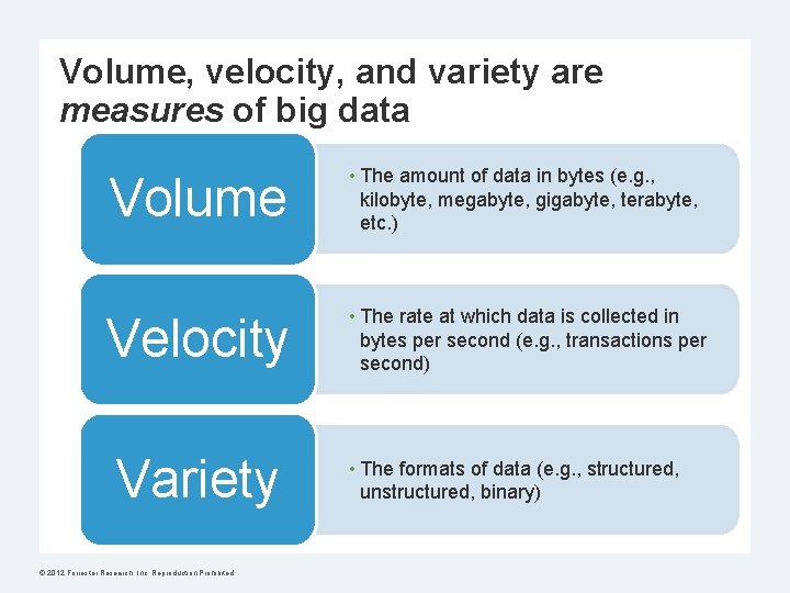 Volume, velocity, and variety are measures of big data Volume • The amount of