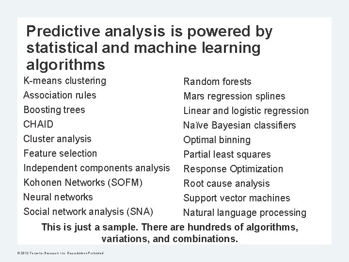 Predictive analysis is powered by statistical and machine learning algorithms K-means clustering Association rules