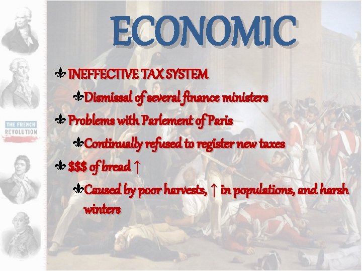 ECONOMIC INEFFECTIVE TAX SYSTEM Dismissal of several finance ministers Problems with Parlement of Paris