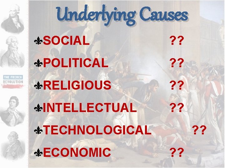 Underlying Causes SOCIAL ? ? POLITICAL ? ? RELIGIOUS ? ? INTELLECTUAL ? ?