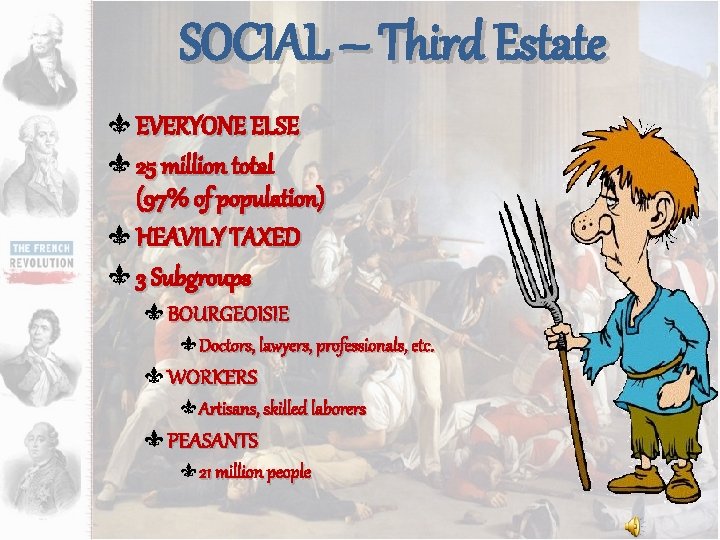 SOCIAL – Third Estate EVERYONE ELSE 25 million total (97% of population) HEAVILY TAXED