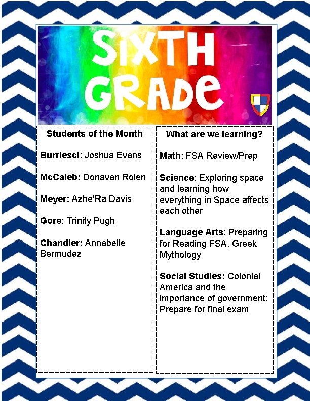 Students of the Month What are we learning? Burriesci: Joshua Evans Math: FSA Review/Prep