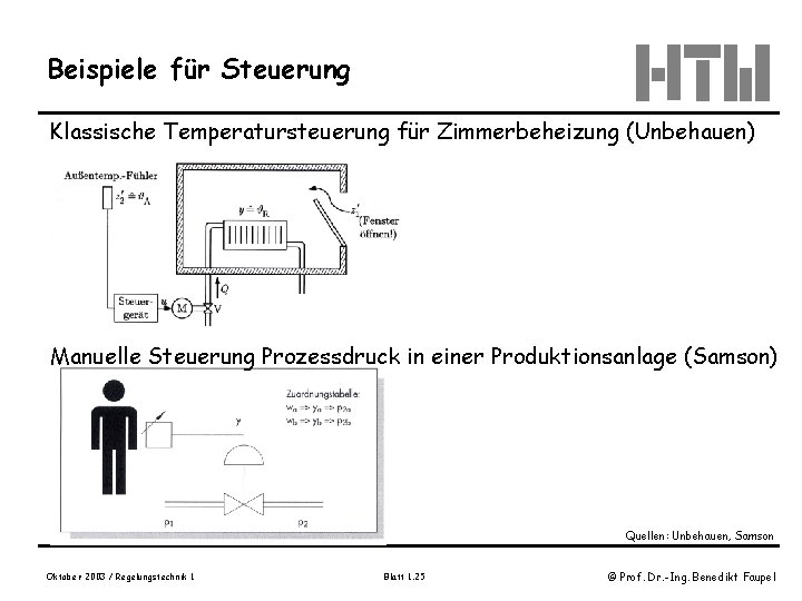 Beispiele für Steuerung Klassische Temperatursteuerung für Zimmerbeheizung (Unbehauen) Manuelle Steuerung Prozessdruck in einer Produktionsanlage