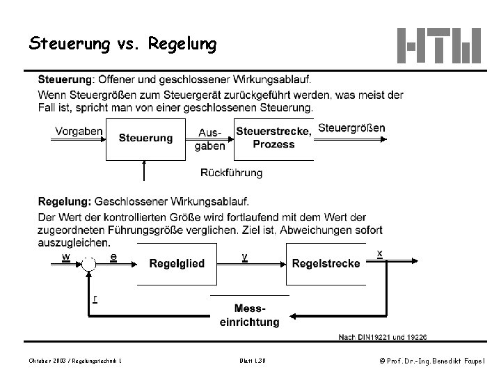 Steuerung vs. Regelung Oktober 2003 / Regelungstechnik 1 Blatt 1. 30 © Prof. Dr.