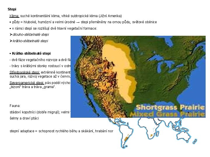 Stepi Klima: suché kontinentální klima, vlhké subtropické klima (Jižní Amerika) · půdy = hluboké,