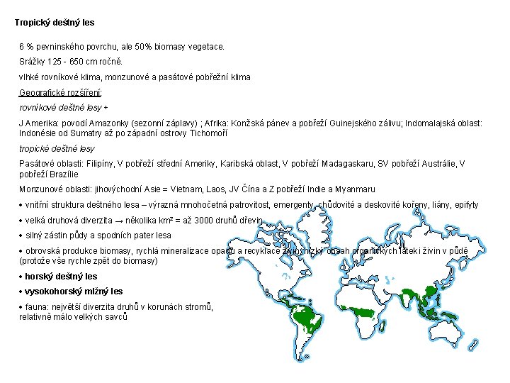 Tropický deštný les 6 % pevninského povrchu, ale 50% biomasy vegetace. Srážky 125 -