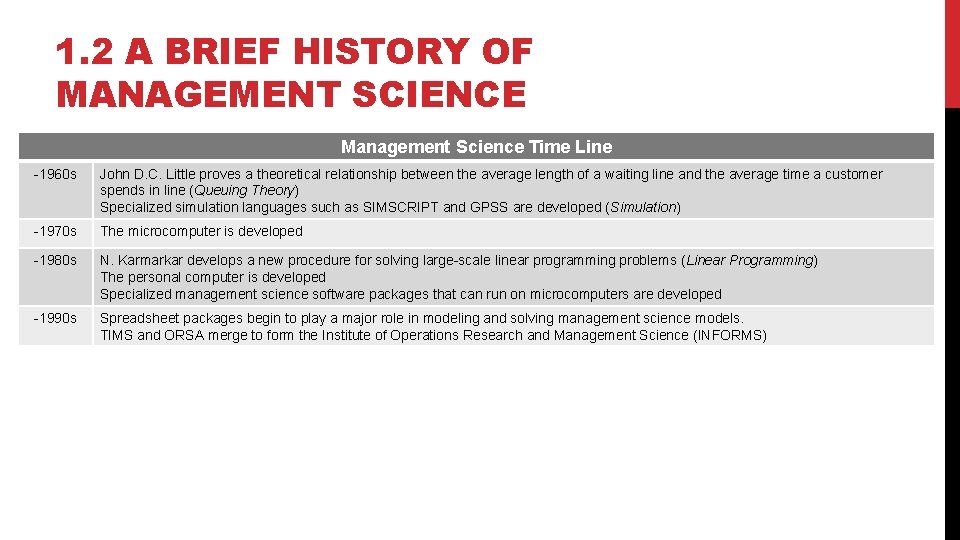 1. 2 A BRIEF HISTORY OF MANAGEMENT SCIENCE Management Science Time Line -1960 s