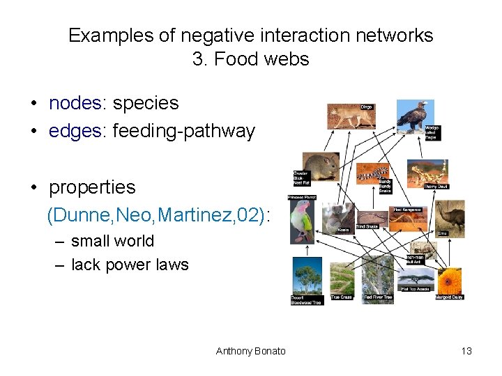 Examples of negative interaction networks 3. Food webs • nodes: species • edges: feeding-pathway