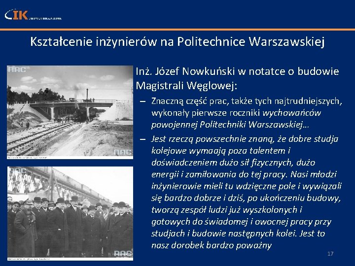 Kształcenie inżynierów na Politechnice Warszawskiej • Inż. Józef Nowkuński w notatce o budowie Magistrali