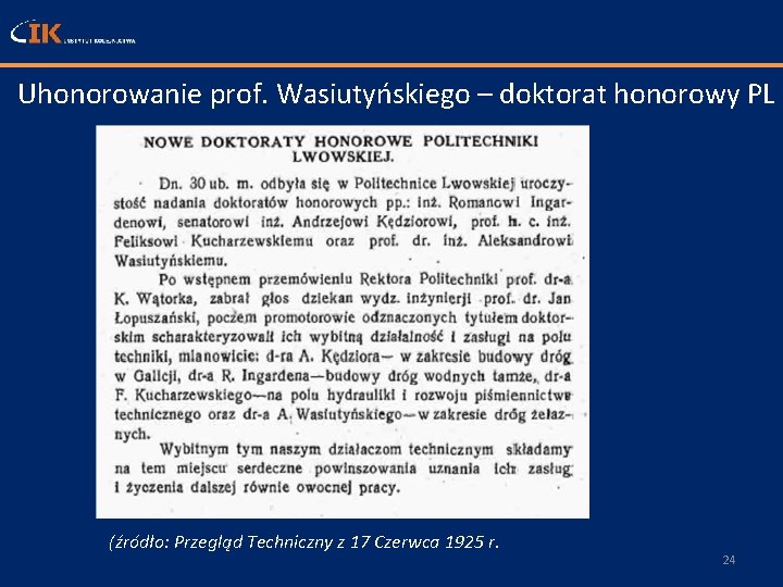 Uhonorowanie prof. Wasiutyńskiego – doktorat honorowy PL (źródło: Przegląd Techniczny z 17 Czerwca 1925