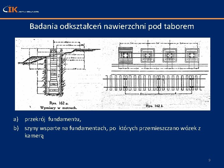 Badania odkształceń nawierzchni pod taborem a) przekrój fundamentu, b) szyny wsparte na fundamentach, po