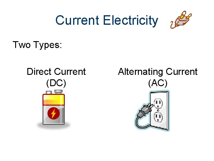 Current Electricity Two Types: Direct Current (DC) Alternating Current (AC) 