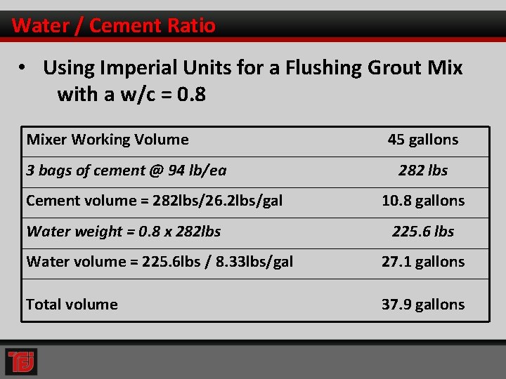 Water / Cement Ratio • Using Imperial Units for a Flushing Grout Mix with