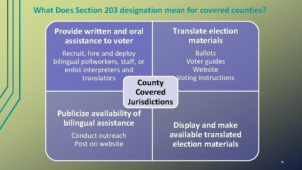 What Does Section 203 designation mean for covered counties? Provide written and oral assistance