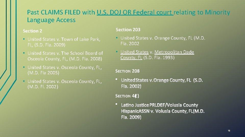 Past CLAIMS FILED with U. S. DOJ OR Federal court relating to Minority Language