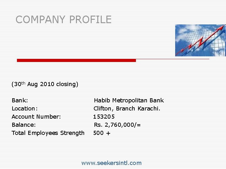 COMPANY PROFILE (30 th Aug 2010 closing) Bank: Habib Metropolitan Bank Location: Clifton, Branch