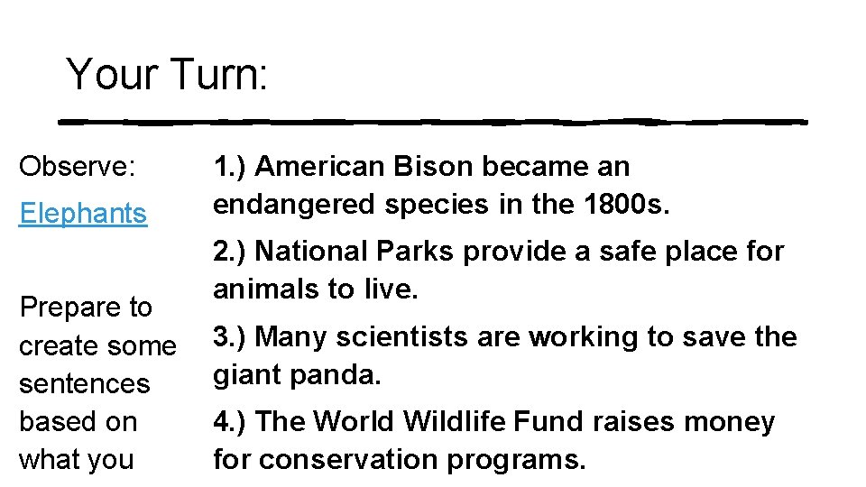 Your Turn: Observe: Elephants Prepare to create some sentences based on what you 1. Your Turn: Observe: Elephants Prepare to create some sentences based on what you 1.