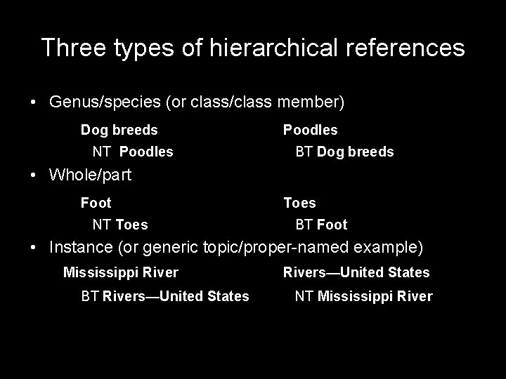 Three types of hierarchical references • Genus/species (or class/class member) Dog breeds NT Poodles