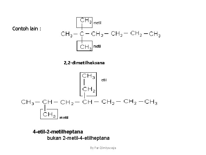 Contoh lain : 2, 2 -dimetilheksana 4 -etil-2 -metilheptana bukan 2 -metil-4 -etilheptana By