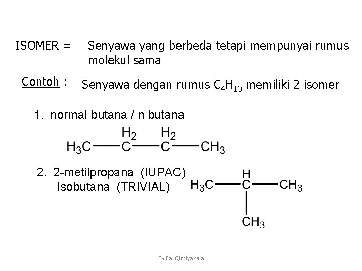 KEISOMERAN ISOMER = Contoh : Senyawa yang berbeda tetapi mempunyai rumus molekul sama Senyawa