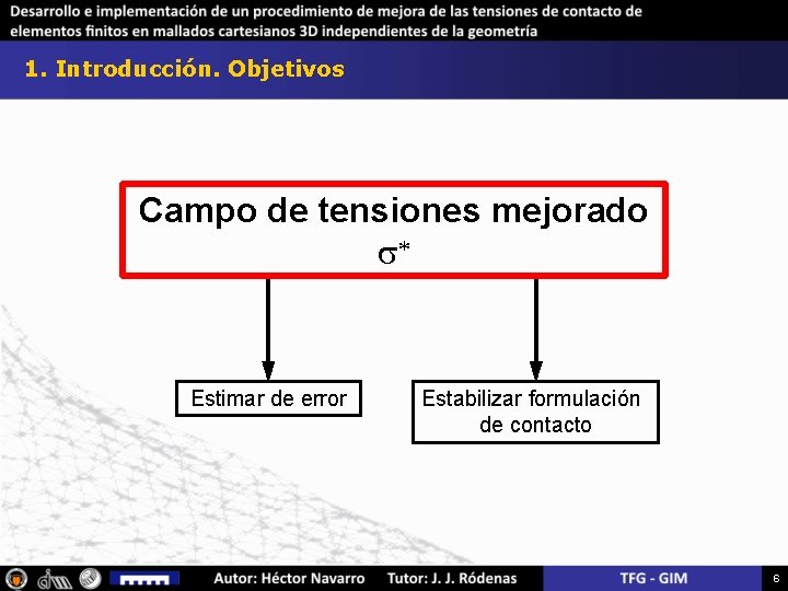 1. Introducción. Objetivos Campo de tensiones mejorado s* Estimar de error Estabilizar formulación de