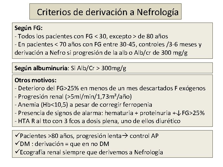 Criterios de derivación a Nefrología Según FG: - Todos los pacientes con FG <
