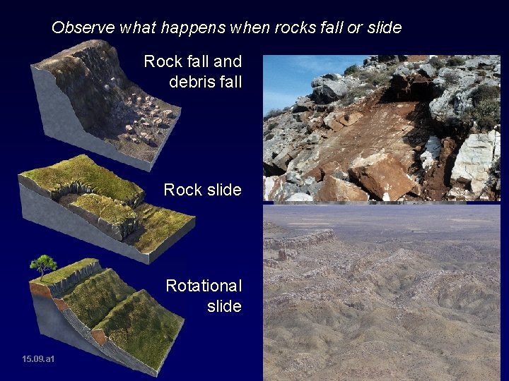Observe what happens when rocks fall or slide Rock fall and debris fall Rock