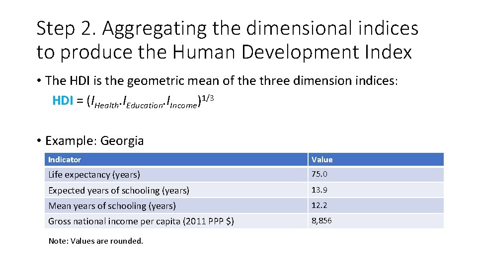 Step 2. Aggregating the dimensional indices to produce the Human Development Index • The