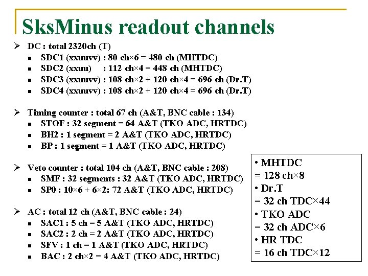 Sks. Minus readout channels Ø DC : total 2320 ch (T) n SDC 1