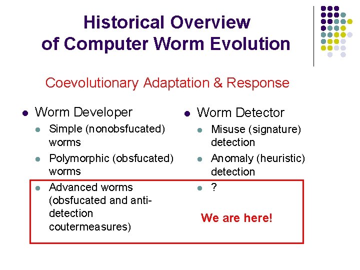 Historical Overview of Computer Worm Evolution Coevolutionary Adaptation & Response l Worm Developer l