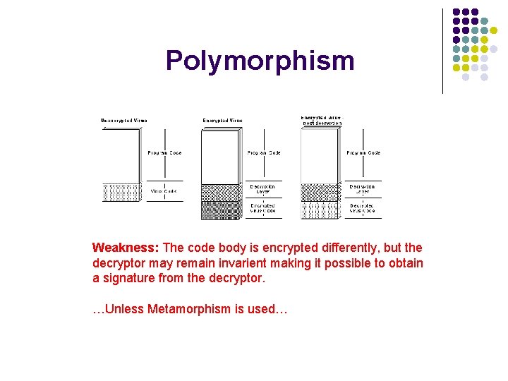 Polymorphism Weakness: The code body is encrypted differently, but the decryptor may remain invarient