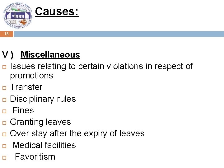 Causes: 13 V ) Miscellaneous Issues relating to certain violations in respect of promotions