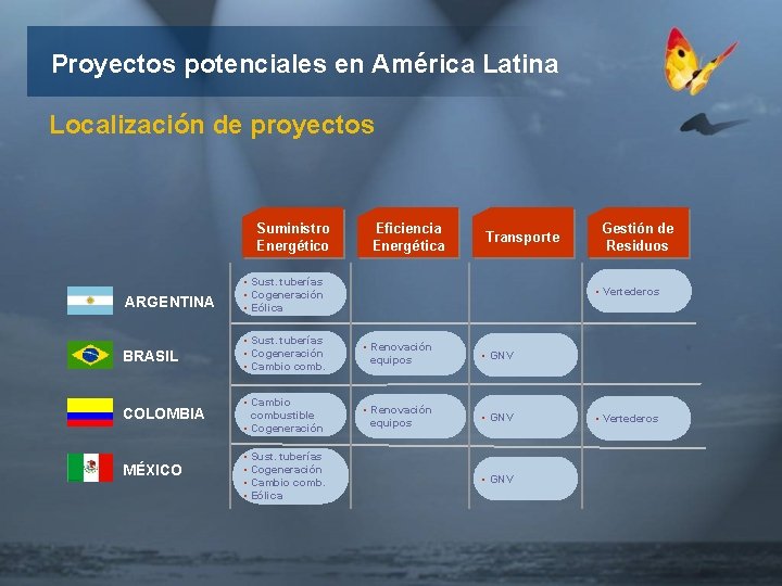 Proyectos potenciales en América Latina Localización de proyectos Suministro Energético ARGENTINA Eficiencia Energética Transporte