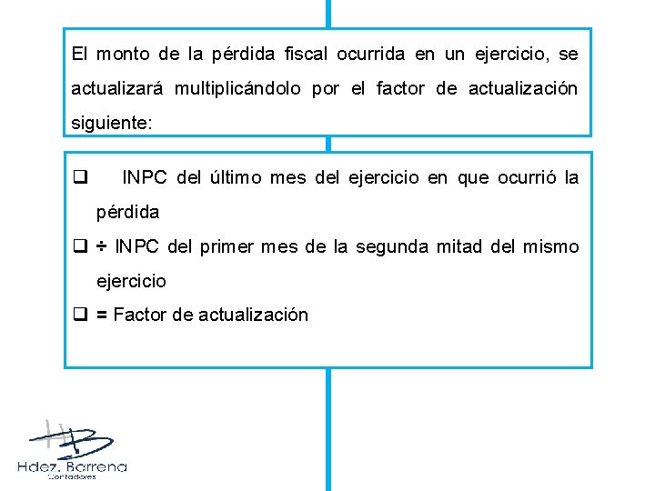 El monto de la pérdida fiscal ocurrida en un ejercicio, se actualizará multiplicándolo por