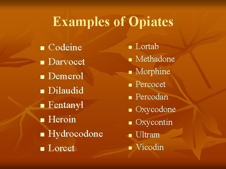 Examples of Opiates n n n n Codeine Darvocet Demerol Dilaudid Fentanyl Heroin Hydrocodone